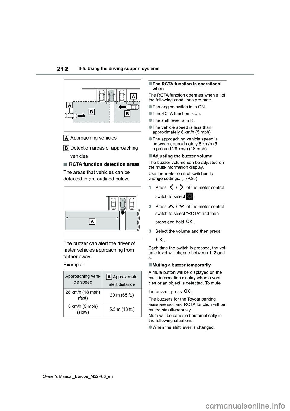TOYOTA GR YARIS 2022 Owners Manual 212
Owner's Manual_Europe_M52P63_en
4-5. Using the driving support systems
Approaching vehicles
Detection areas of approaching
vehicles
■RCTA function detection areas
The areas that vehicles TOYOTA GR YARIS 2022 Owners Manual 212
Owner's Manual_Europe_M52P63_en
4-5. Using the driving support systems
Approaching vehicles
Detection areas of approaching
vehicles
■RCTA function detection areas
The areas that vehicles