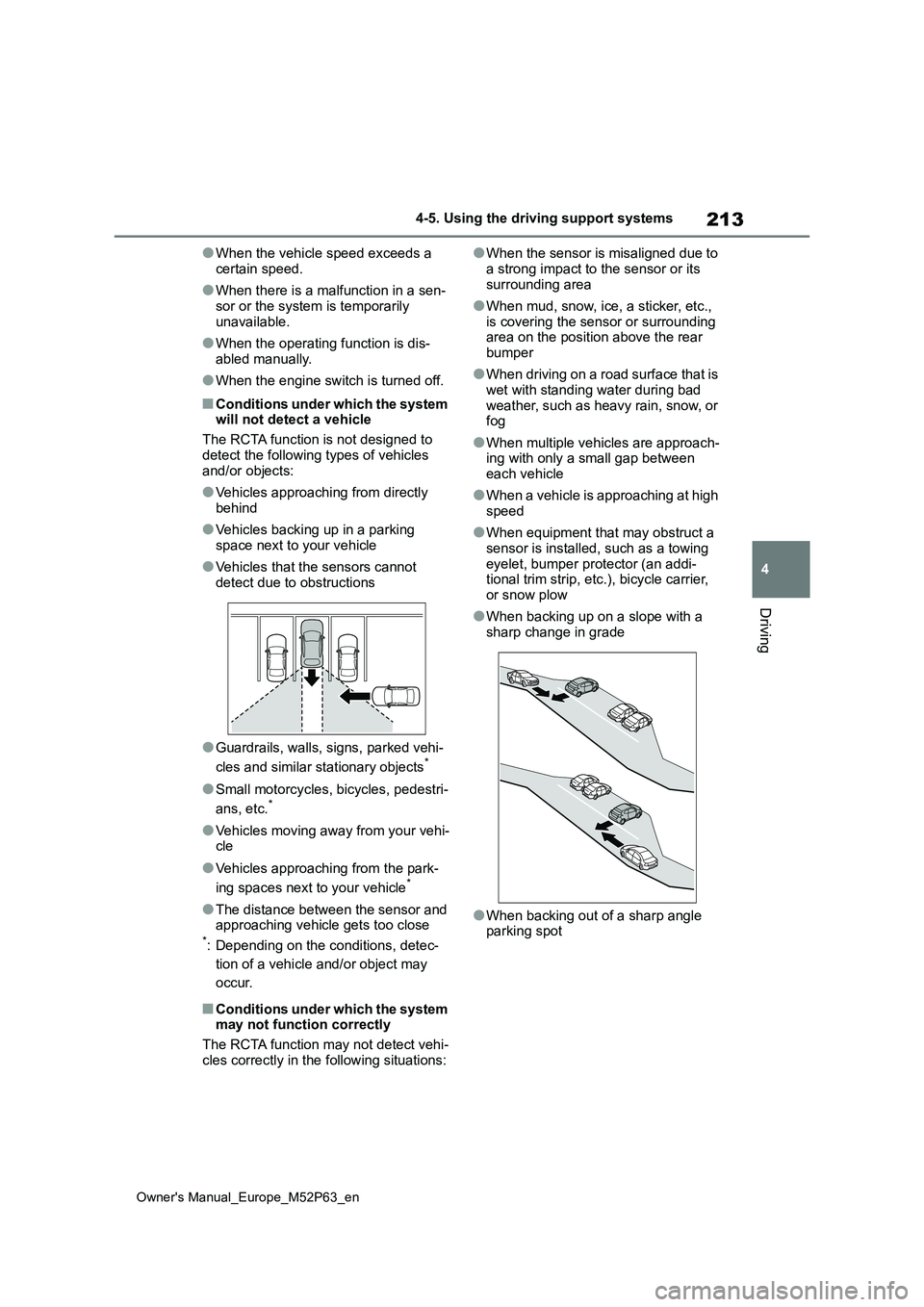 TOYOTA GR YARIS 2022 Owners Manual 213
4
Owner's Manual_Europe_M52P63_en
4-5. Using the driving support systems
Driving
●When the vehicle speed exceeds a
certain speed.
●When there is a malfunction in a sen-
sor or the system TOYOTA GR YARIS 2022 Owners Manual 213
4
Owner's Manual_Europe_M52P63_en
4-5. Using the driving support systems
Driving
●When the vehicle speed exceeds a
certain speed.
●When there is a malfunction in a sen-
sor or the system