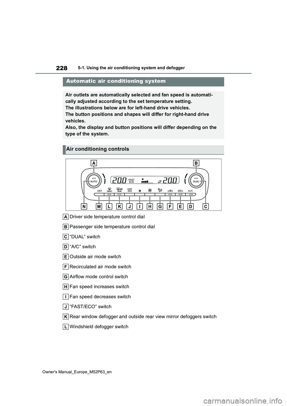 TOYOTA GR YARIS 2022  Owners Manual 228
Owner's Manual_Europe_M52P63_en
5-1. Using the air conditioning system and defogger
5-1.Using the  a ir c onditioning sys te m and  de fog ger
Driver side temperature control dial 
Passenger s