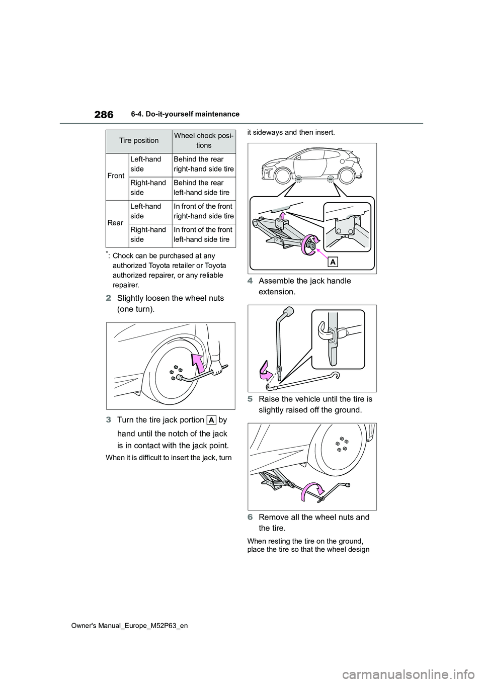 TOYOTA GR YARIS 2022  Owners Manual 286
Owner's Manual_Europe_M52P63_en
6-4. Do-it-yourself maintenance
*: Chock can be purchased at any  
authorized Toyota retailer or Toyota 
authorized repairer, or any reliable 
repairer.
2 Sligh