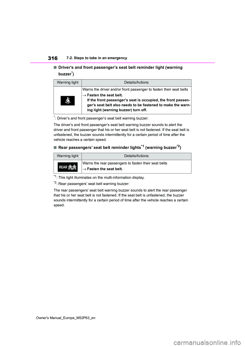 TOYOTA GR YARIS 2022  Owners Manual 316
Owner's Manual_Europe_M52P63_en
7-2. Steps to take in an emergency
■Driver’s and front passenger’s seat belt reminder light (warning  
buzzer*)
*: Driver’s and front passenger’s seat