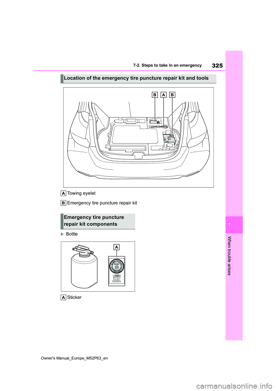 TOYOTA GR YARIS 2022 Owners Manual 325
7
Owner's Manual_Europe_M52P63_en
7-2. Steps to take in an emergency
When trouble arises
Towing eyelet
Emergency tire puncture repair kit
Bottle
Sticker
Location of the emergency tire pun TOYOTA GR YARIS 2022 Owners Manual 325
7
Owner's Manual_Europe_M52P63_en
7-2. Steps to take in an emergency
When trouble arises
Towing eyelet
Emergency tire puncture repair kit
Bottle
Sticker
Location of the emergency tire pun