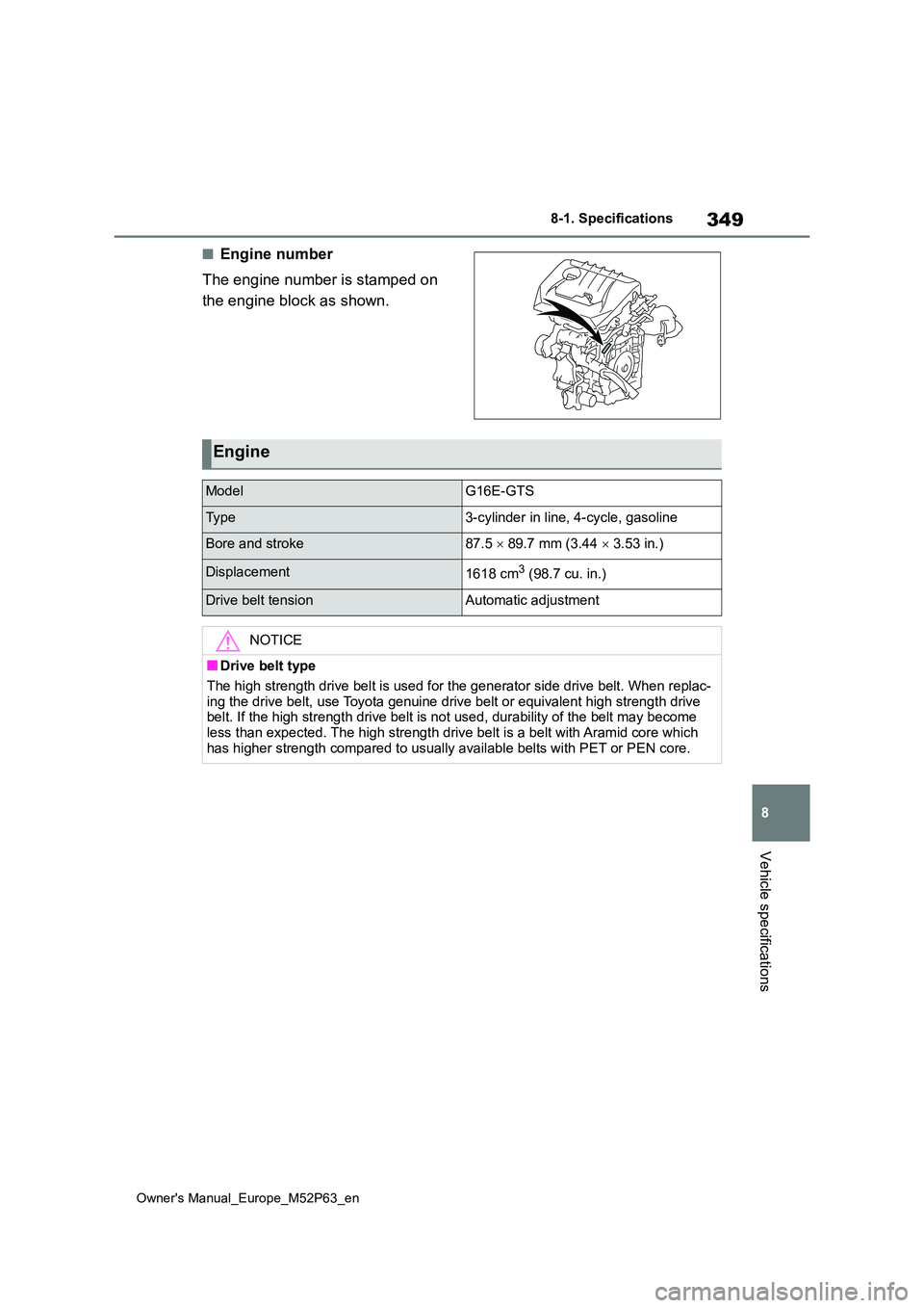 TOYOTA GR YARIS 2022 Owners Manual 349
8
Owner's Manual_Europe_M52P63_en
8-1. Specifications
Vehicle specifications
■Engine number
The engine number is stamped on
the engine block as shown.
Engine
ModelG16E-GTS
Ty p e3-cylinde TOYOTA GR YARIS 2022 Owners Manual 349
8
Owner's Manual_Europe_M52P63_en
8-1. Specifications
Vehicle specifications
■Engine number
The engine number is stamped on
the engine block as shown.
Engine
ModelG16E-GTS
Ty p e3-cylinde