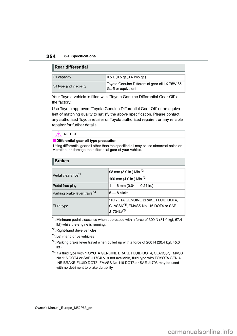 TOYOTA GR YARIS 2022 Owners Manual 354
Owner's Manual_Europe_M52P63_en
8-1. Specifications
Your Toyota vehicle is filled with “Toyota Genuine Differential Gear Oil” at
the factory.
Use Toyota approved “Toyota Genuine Diffe TOYOTA GR YARIS 2022 Owners Manual 354
Owner's Manual_Europe_M52P63_en
8-1. Specifications
Your Toyota vehicle is filled with “Toyota Genuine Differential Gear Oil” at
the factory.
Use Toyota approved “Toyota Genuine Diffe