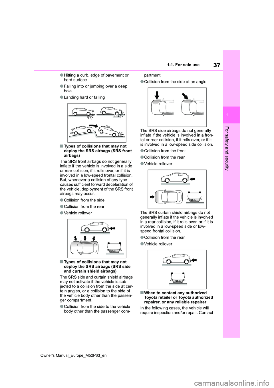 TOYOTA GR YARIS 2022 Owners Guide 37
1
Owner's Manual_Europe_M52P63_en
1-1. For safe use
For safety and security
●Hitting a curb, edge of pavement or
hard surface
●Falling into or jumping over a deep
hole
●Landing hard or TOYOTA GR YARIS 2022 Owners Guide 37
1
Owner's Manual_Europe_M52P63_en
1-1. For safe use
For safety and security
●Hitting a curb, edge of pavement or
hard surface
●Falling into or jumping over a deep
hole
●Landing hard or