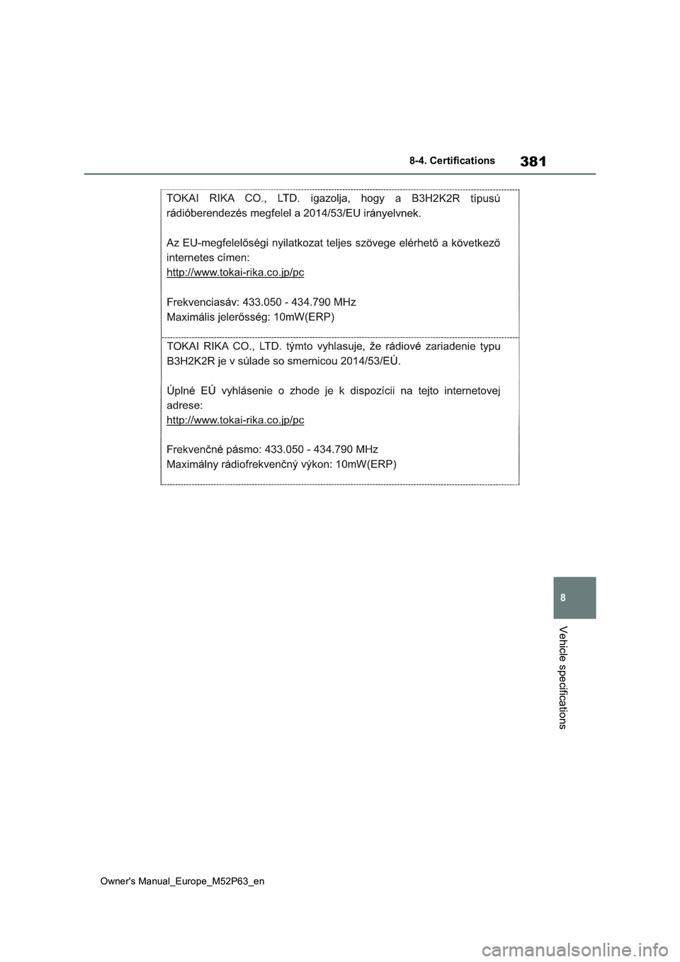 TOYOTA GR YARIS 2022  Owners Manual 381
8
Owner's Manual_Europe_M52P63_en
8-4. Certifications
Vehicle specifications 