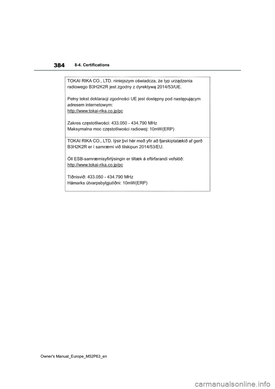 TOYOTA GR YARIS 2022  Owners Manual 384
Owner's Manual_Europe_M52P63_en
8-4. Certifications 