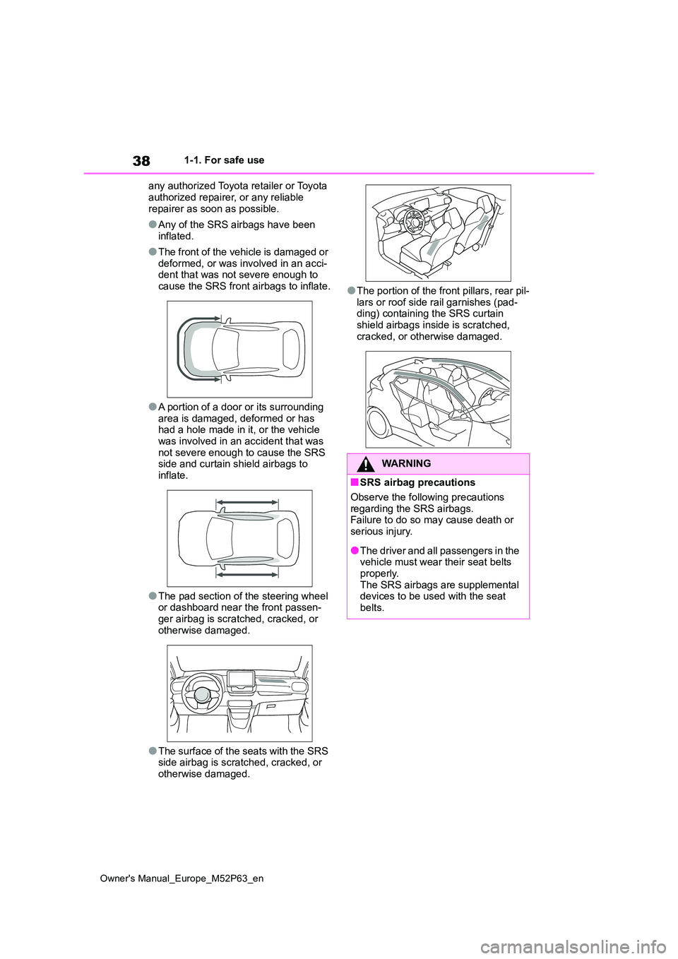TOYOTA GR YARIS 2023  Owners Manual 38
Owner's Manual_Europe_M52P63_en
1-1. For safe use 
any authorized Toyota retailer or Toyota  
authorized repairer, or any reliable  repairer as soon as possible.
●Any of the SRS airbags have 