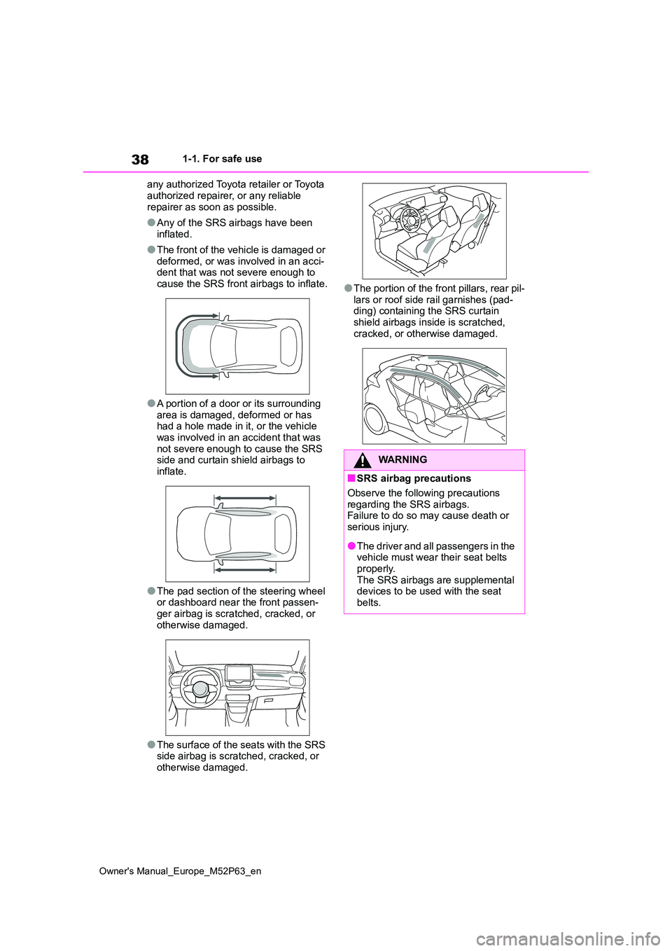 TOYOTA GR YARIS 2022 Owners Guide 38
Owner's Manual_Europe_M52P63_en
1-1. For safe use
any authorized Toyota retailer or Toyota
authorized repairer, or any reliable repairer as soon as possible.
●Any of the SRS airbags have TOYOTA GR YARIS 2022 Owners Guide 38
Owner's Manual_Europe_M52P63_en
1-1. For safe use
any authorized Toyota retailer or Toyota
authorized repairer, or any reliable repairer as soon as possible.
●Any of the SRS airbags have