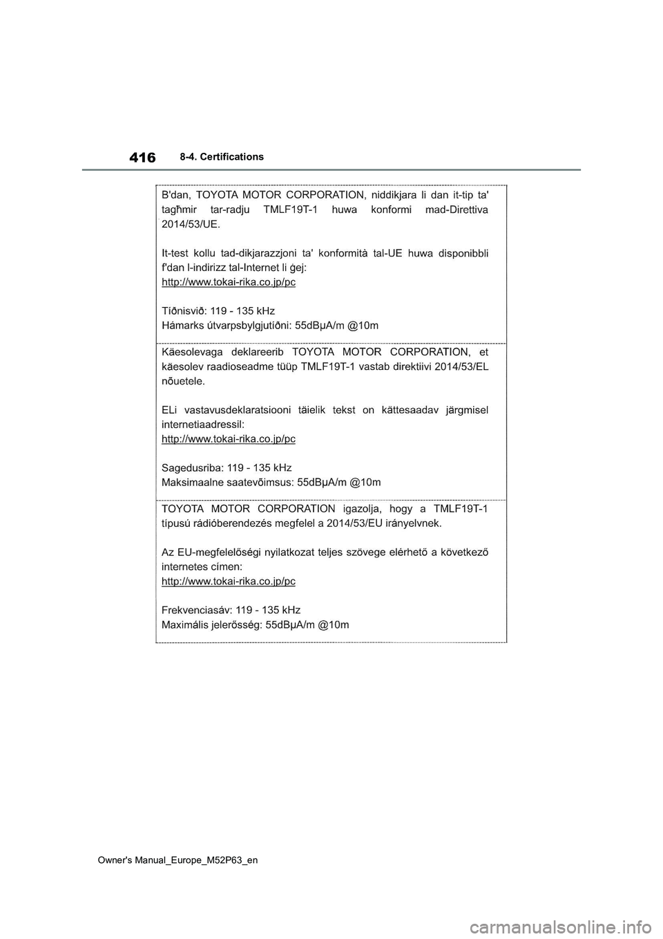 TOYOTA GR YARIS 2022 Owners Manual 416
Owner's Manual_Europe_M52P63_en
8-4. Certifications TOYOTA GR YARIS 2022 Owners Manual 416
Owner's Manual_Europe_M52P63_en
8-4. Certifications