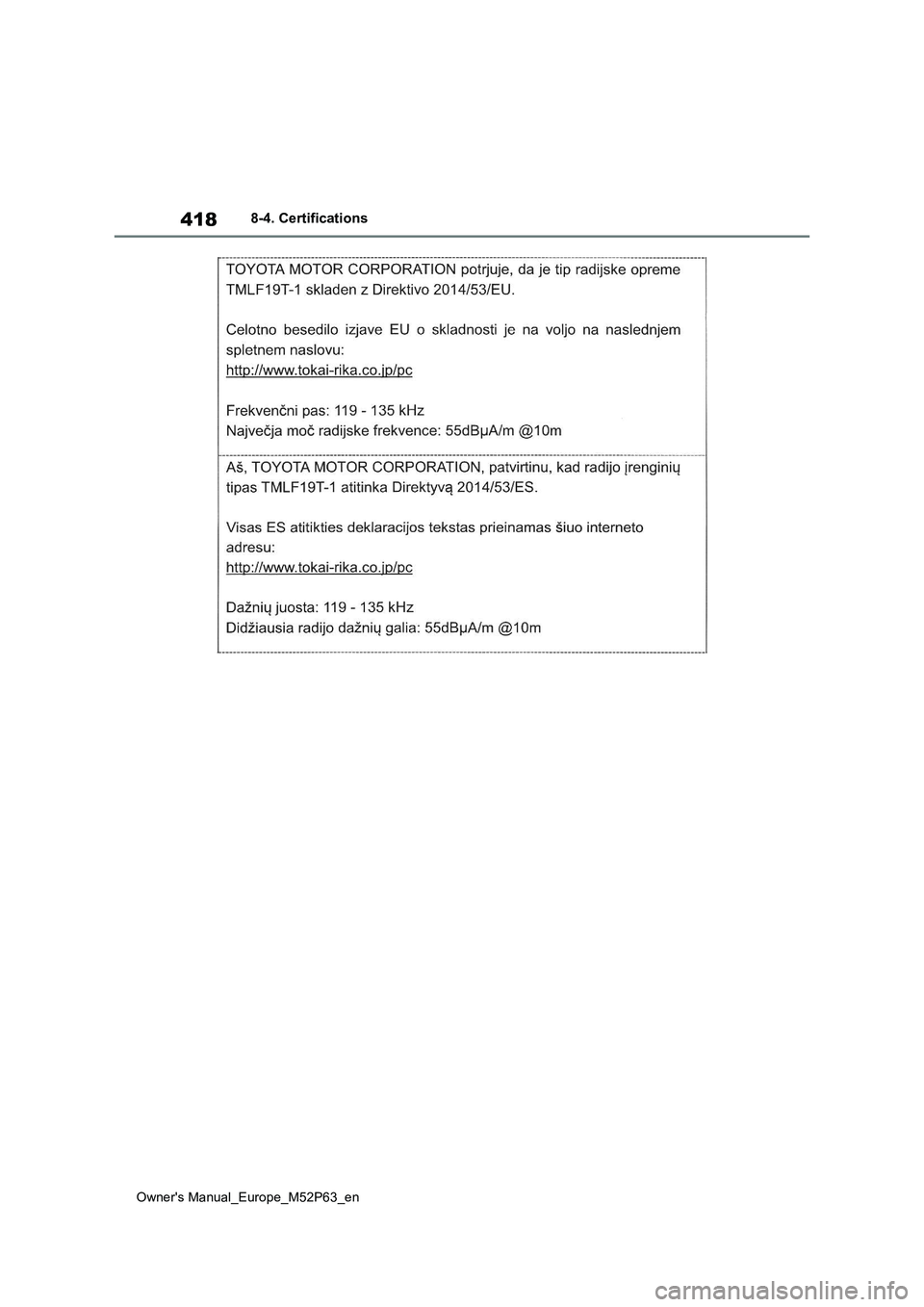 TOYOTA GR YARIS 2022 Owners Manual 418
Owner's Manual_Europe_M52P63_en
8-4. Certifications TOYOTA GR YARIS 2022 Owners Manual 418
Owner's Manual_Europe_M52P63_en
8-4. Certifications