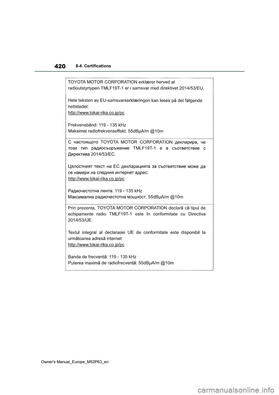 TOYOTA GR YARIS 2022 Owners Manual 420
Owner's Manual_Europe_M52P63_en
8-4. Certifications TOYOTA GR YARIS 2022 Owners Manual 420
Owner's Manual_Europe_M52P63_en
8-4. Certifications