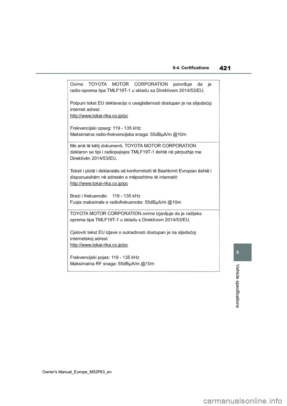 TOYOTA GR YARIS 2022 Owners Manual 421
8
Owner's Manual_Europe_M52P63_en
8-4. Certifications
Vehicle specifications TOYOTA GR YARIS 2022 Owners Manual 421
8
Owner's Manual_Europe_M52P63_en
8-4. Certifications
Vehicle specifications