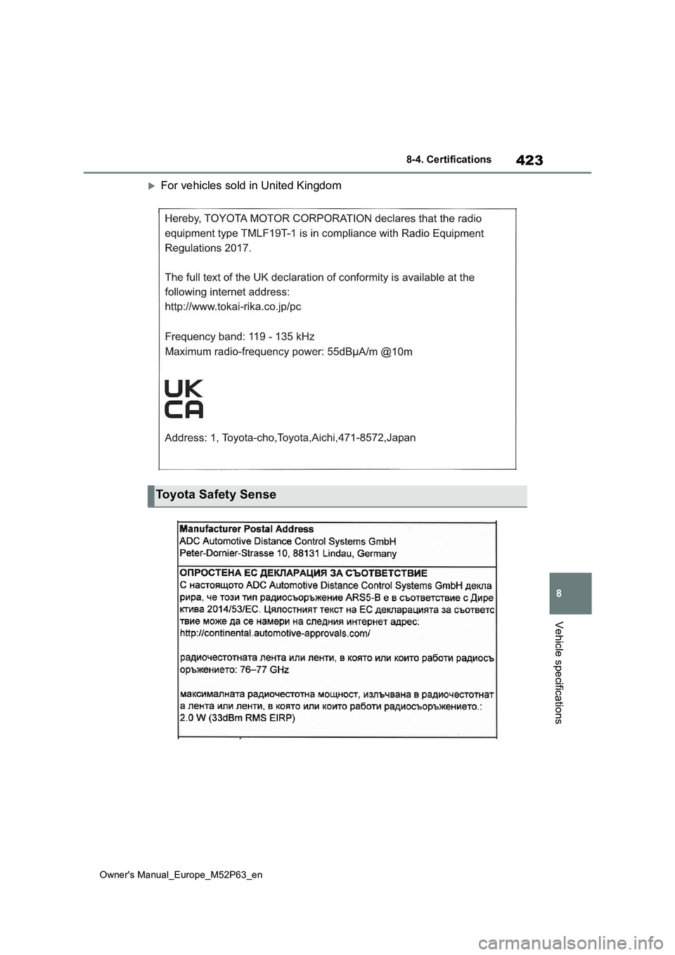 TOYOTA GR YARIS 2022 Owners Manual 423
8
Owner's Manual_Europe_M52P63_en
8-4. Certifications
Vehicle specifications
For vehicles sold in United Kingdom
Toyota Safety Sense TOYOTA GR YARIS 2022 Owners Manual 423
8
Owner's Manual_Europe_M52P63_en
8-4. Certifications
Vehicle specifications
For vehicles sold in United Kingdom
Toyota Safety Sense