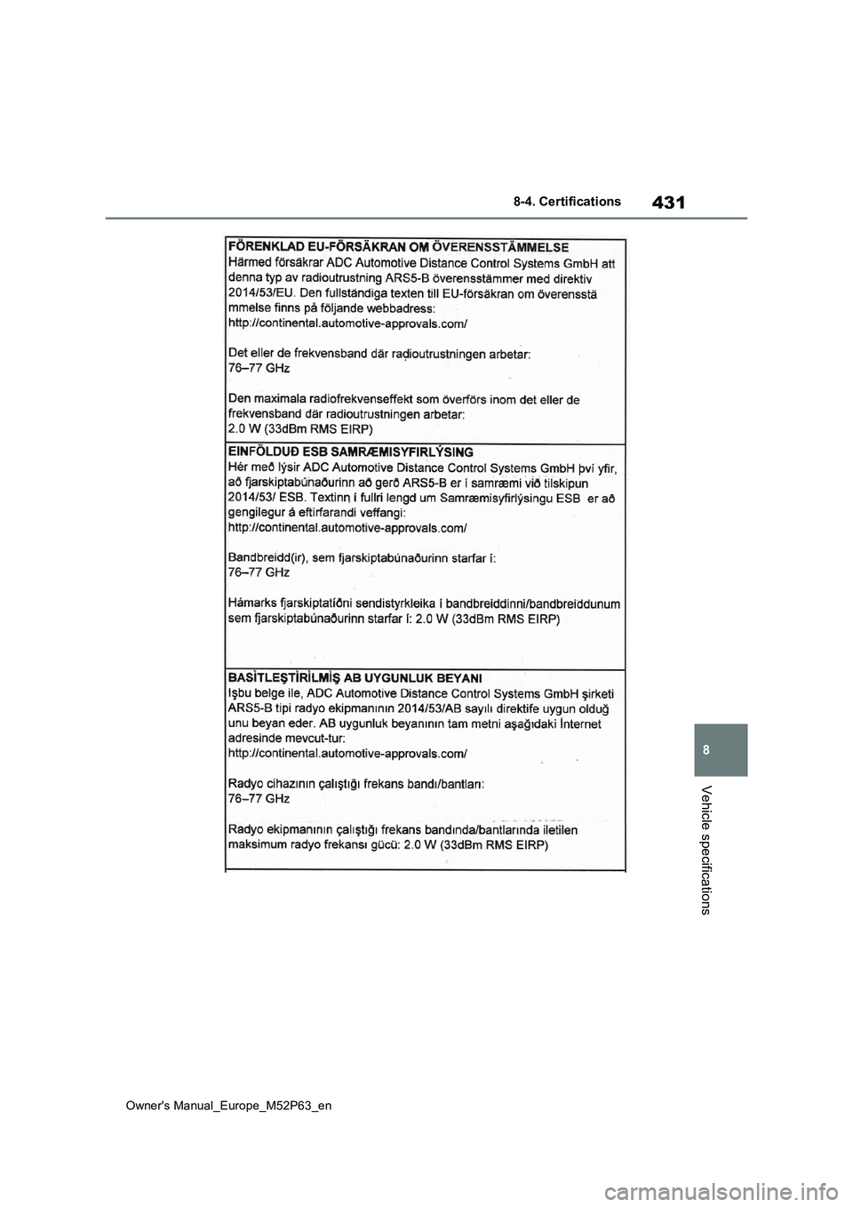 TOYOTA GR YARIS 2022 Owners Manual 431
8
Owner's Manual_Europe_M52P63_en
8-4. Certifications
Vehicle specifications TOYOTA GR YARIS 2022 Owners Manual 431
8
Owner's Manual_Europe_M52P63_en
8-4. Certifications
Vehicle specifications