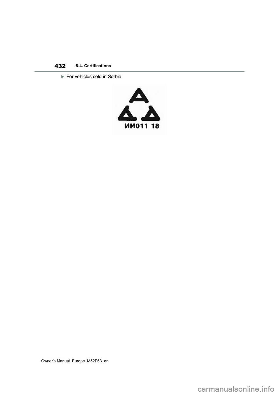 TOYOTA GR YARIS 2022 Owners Manual 432
Owner's Manual_Europe_M52P63_en
8-4. Certifications
For vehicles sold in Serbia TOYOTA GR YARIS 2022 Owners Manual 432
Owner's Manual_Europe_M52P63_en
8-4. Certifications
For vehicles sold in Serbia