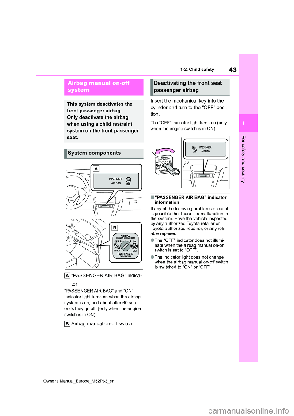 TOYOTA GR YARIS 2022 Service Manual 43
1
Owner's Manual_Europe_M52P63_en
1-2. Child safety
For safety and security
1-2.Child sa fety
“PASSENGER AIR BAG” indica-
tor
“PASSENGER AIR BAG” and “ON”
indicator light turns o TOYOTA GR YARIS 2022 Service Manual 43
1
Owner's Manual_Europe_M52P63_en
1-2. Child safety
For safety and security
1-2.Child sa fety
“PASSENGER AIR BAG” indica-
tor
“PASSENGER AIR BAG” and “ON”
indicator light turns o