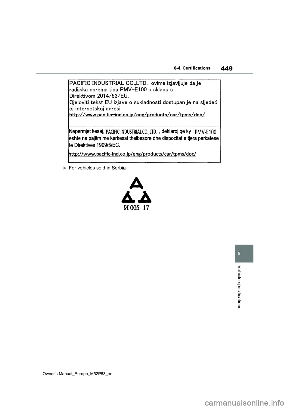 TOYOTA GR YARIS 2022 Owners Manual 449
8
Owner's Manual_Europe_M52P63_en
8-4. Certifications
Vehicle specifications
For vehicles sold in Serbia TOYOTA GR YARIS 2022 Owners Manual 449
8
Owner's Manual_Europe_M52P63_en
8-4. Certifications
Vehicle specifications
For vehicles sold in Serbia