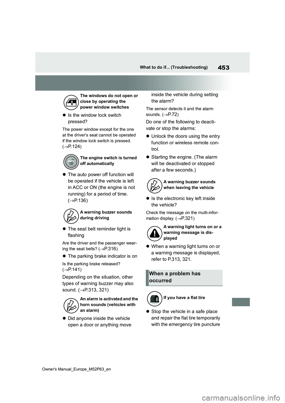 TOYOTA GR YARIS 2022 Owners Manual 453
Owner's Manual_Europe_M52P63_en
What to do if... (Troubleshooting)
Is the window lock switch
pressed?
The power window except for the one
at the driver’s seat cannot be operated
if t TOYOTA GR YARIS 2022 Owners Manual 453
Owner's Manual_Europe_M52P63_en
What to do if... (Troubleshooting)
Is the window lock switch
pressed?
The power window except for the one
at the driver’s seat cannot be operated
if t