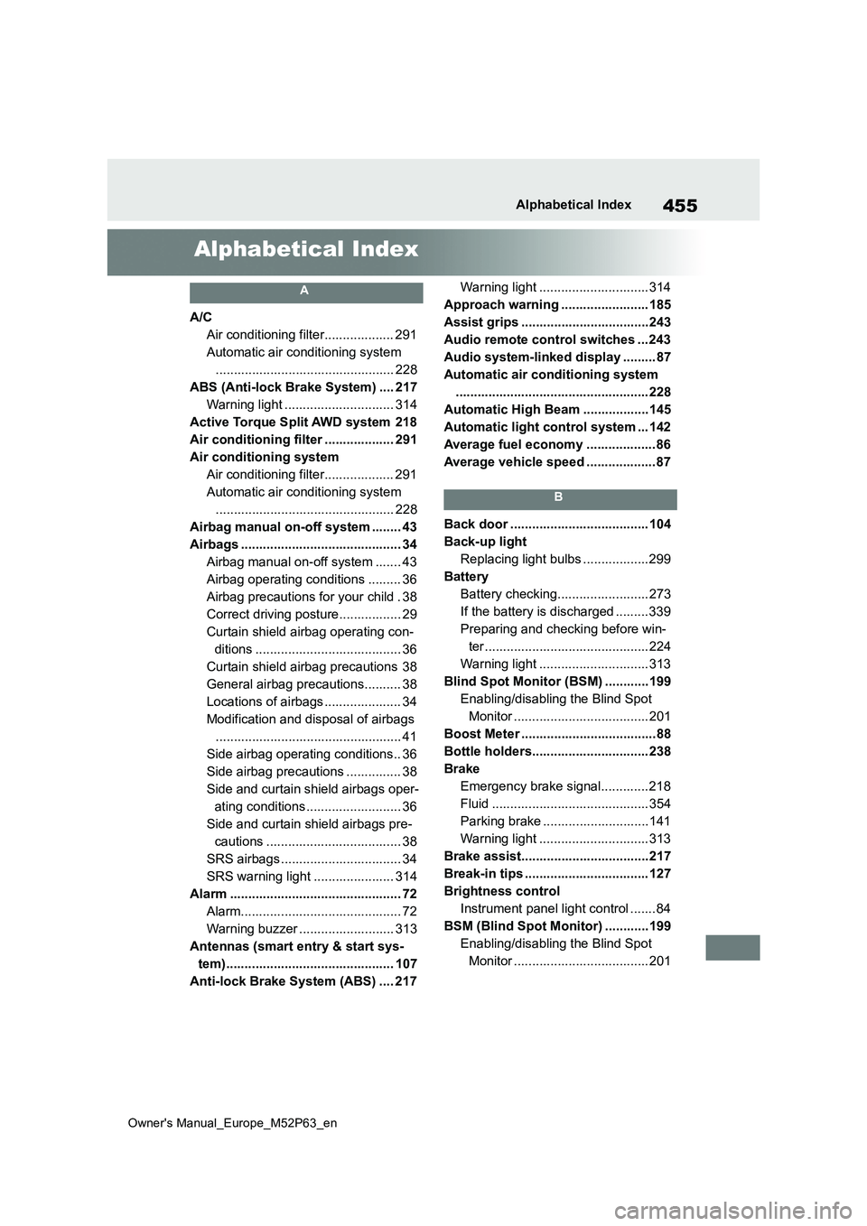 TOYOTA GR YARIS 2022 Owners Manual 455
Owner's Manual_Europe_M52P63_en
Alphabetical Index
Alphabetical Index
A
A/C
Air conditioning filter................... 291
Automatic air conditioning system
.................................. TOYOTA GR YARIS 2022 Owners Manual 455
Owner's Manual_Europe_M52P63_en
Alphabetical Index
Alphabetical Index
A
A/C
Air conditioning filter................... 291
Automatic air conditioning system
..................................