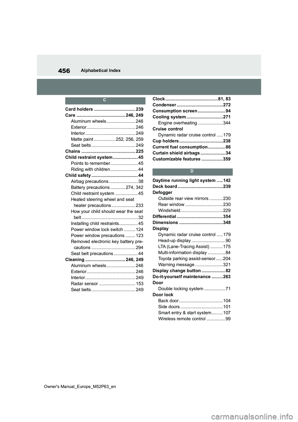 TOYOTA GR YARIS 2022 Owners Manual 456
Owner's Manual_Europe_M52P63_en
Alphabetical Index
C
Card holders ................................. 239
Care ....................................... 246, 249
Aluminum wheels ................. TOYOTA GR YARIS 2022 Owners Manual 456
Owner's Manual_Europe_M52P63_en
Alphabetical Index
C
Card holders ................................. 239
Care ....................................... 246, 249
Aluminum wheels .................
