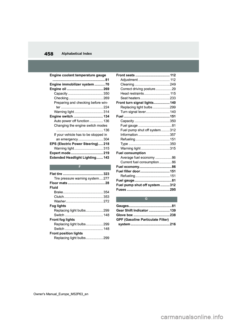 TOYOTA GR YARIS 2022 Owners Manual 458
Owner's Manual_Europe_M52P63_en
Alphabetical Index
Engine coolant temperature gauge
....................................................... 81
Engine immobilizer system ........... 70
Engine TOYOTA GR YARIS 2022 Owners Manual 458
Owner's Manual_Europe_M52P63_en
Alphabetical Index
Engine coolant temperature gauge
....................................................... 81
Engine immobilizer system ........... 70
Engine