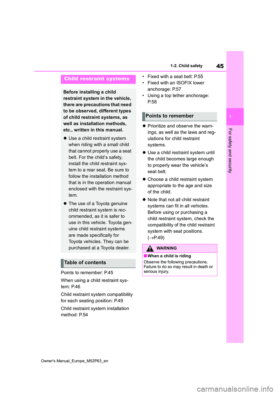 TOYOTA GR YARIS 2022 Service Manual 45
1
Owner's Manual_Europe_M52P63_en
1-2. Child safety
For safety and security
Points to remember: P.45
When using a child restraint sys-
tem: P.46
Child restraint system compatibility
for ea TOYOTA GR YARIS 2022 Service Manual 45
1
Owner's Manual_Europe_M52P63_en
1-2. Child safety
For safety and security
Points to remember: P.45
When using a child restraint sys-
tem: P.46
Child restraint system compatibility
for ea
