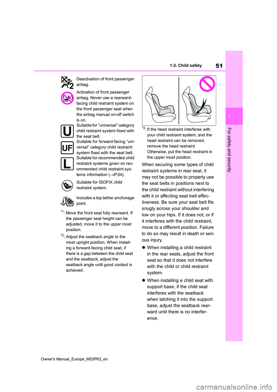 TOYOTA GR YARIS 2023  Owners Manual 51
1
Owner's Manual_Europe_M52P63_en
1-2. Child safety
For safety and security
*1: Move the front seat fully rearward. If  
the passenger seat height can be 
adjusted, move it to the upper most 
p