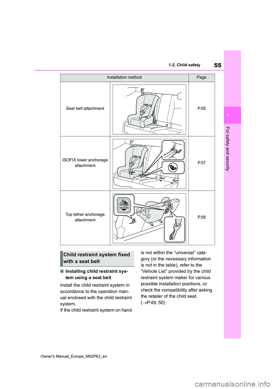 TOYOTA GR YARIS 2022 Workshop Manual 55
1
Owner's Manual_Europe_M52P63_en
1-2. Child safety
For safety and security
■Installing child restraint sys-
tem using a seat belt
Install the child restraint system in
accordance to the TOYOTA GR YARIS 2022 Workshop Manual 55
1
Owner's Manual_Europe_M52P63_en
1-2. Child safety
For safety and security
■Installing child restraint sys-
tem using a seat belt
Install the child restraint system in
accordance to the