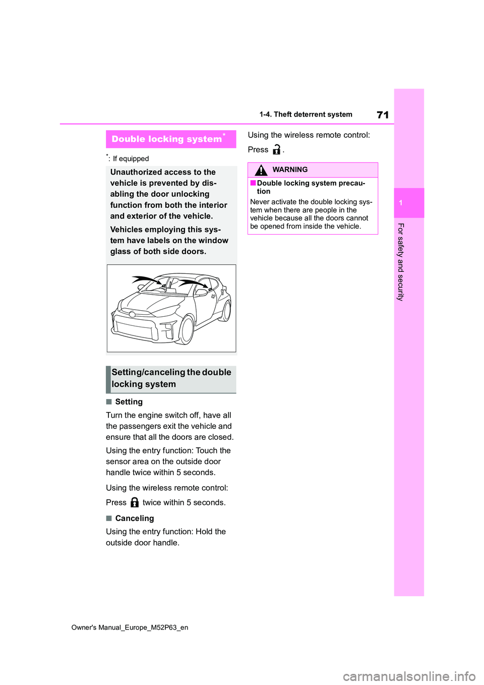TOYOTA GR YARIS 2023 Manual PDF 71
1
Owner's Manual_Europe_M52P63_en
1-4. Theft deterrent system
For safety and security
*: If equipped
■Setting
Turn the engine switch off, have all
the passengers exit the vehicle and
ens TOYOTA GR YARIS 2023 Manual PDF 71
1
Owner's Manual_Europe_M52P63_en
1-4. Theft deterrent system
For safety and security
*: If equipped
■Setting
Turn the engine switch off, have all
the passengers exit the vehicle and
ens