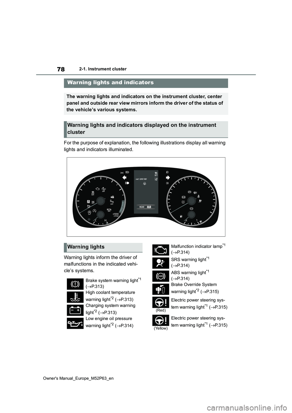 TOYOTA GR YARIS 2023  Owners Manual 78
Owner's Manual_Europe_M52P63_en
2-1. Instrument cluster
2-1.In strument clu ste r
For the purpose of explanation, the following illustrations display all warning  
lights and indicators illumin