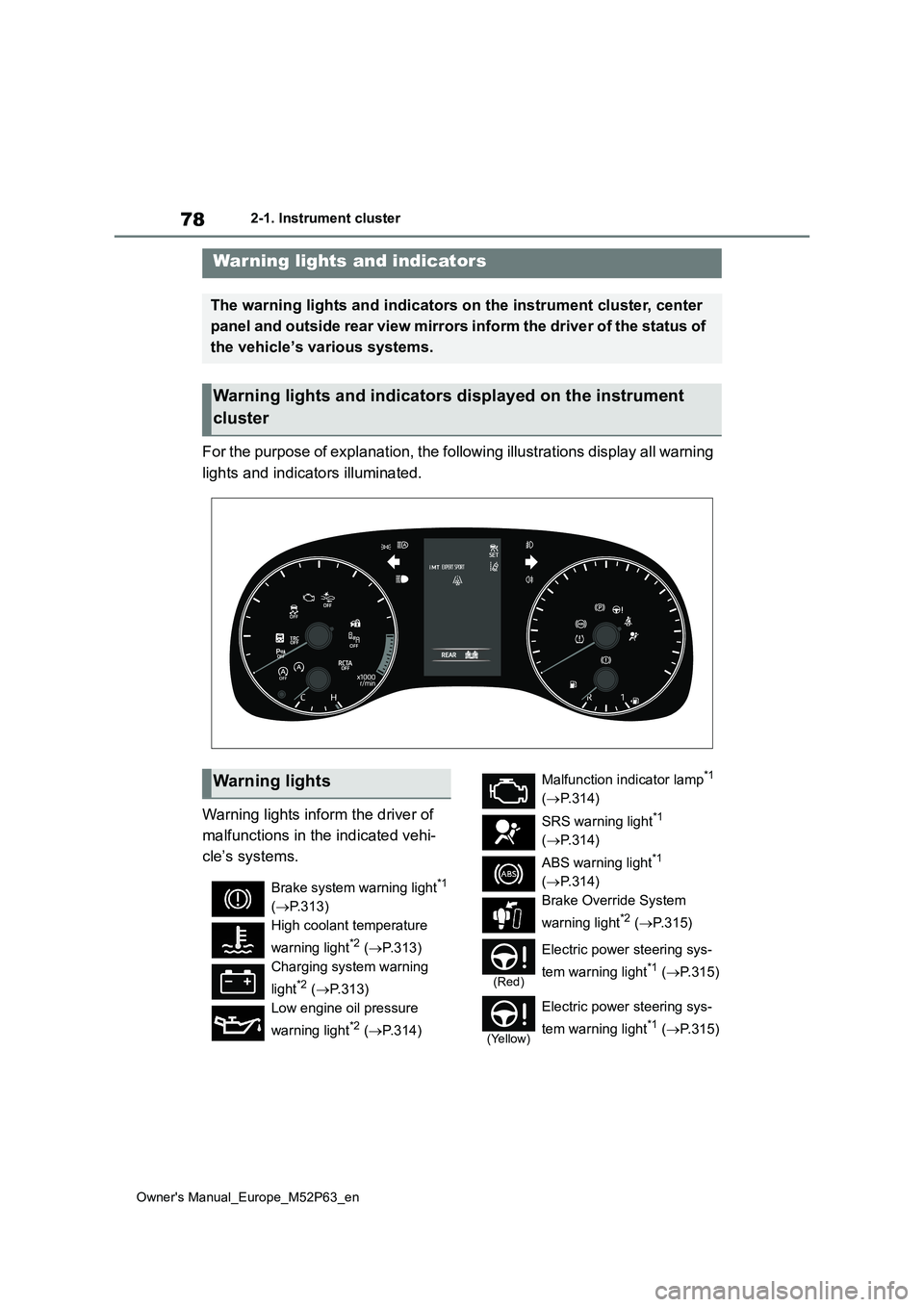 TOYOTA GR YARIS 2023 Manual PDF 78
Owner's Manual_Europe_M52P63_en
2-1. Instrument cluster
2-1.In strument clu ste r
For the purpose of explanation, the following illustrations display all warning
lights and indicators illumin TOYOTA GR YARIS 2023 Manual PDF 78
Owner's Manual_Europe_M52P63_en
2-1. Instrument cluster
2-1.In strument clu ste r
For the purpose of explanation, the following illustrations display all warning
lights and indicators illumin