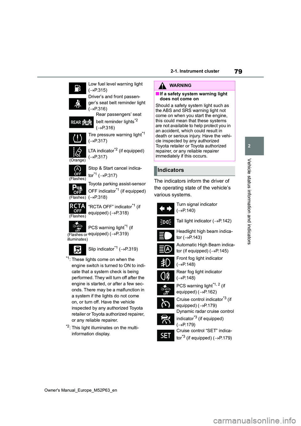 TOYOTA GR YARIS 2022 Owners Manual 79
2
Owner's Manual_Europe_M52P63_en
2-1. Instrument cluster
Vehicle status information and indicators
*1: These lights come on when the
engine switch is turned to ON to indi-
cate that a system TOYOTA GR YARIS 2022 Owners Manual 79
2
Owner's Manual_Europe_M52P63_en
2-1. Instrument cluster
Vehicle status information and indicators
*1: These lights come on when the
engine switch is turned to ON to indi-
cate that a system