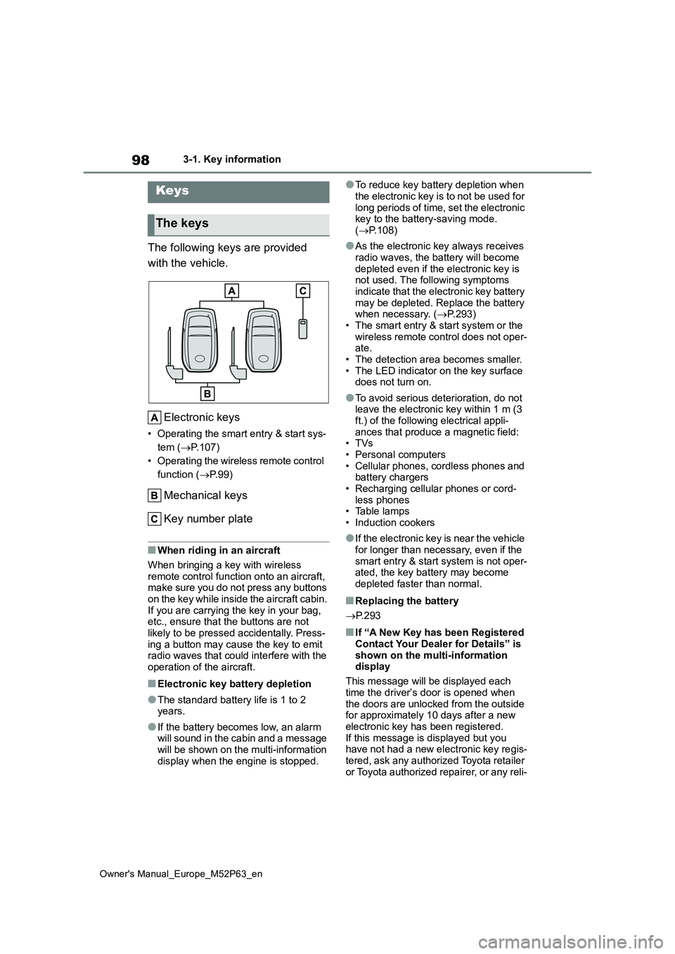 TOYOTA GR YARIS 2023 Owners Manual 98
Owner's Manual_Europe_M52P63_en
3-1. Key information
3-1.Key info rmation
The following keys are provided
with the vehicle.
Electronic keys
• Operating the smart entry & start sys-
tem ( TOYOTA GR YARIS 2023 Owners Manual 98
Owner's Manual_Europe_M52P63_en
3-1. Key information
3-1.Key info rmation
The following keys are provided
with the vehicle.
Electronic keys
• Operating the smart entry & start sys-
tem (