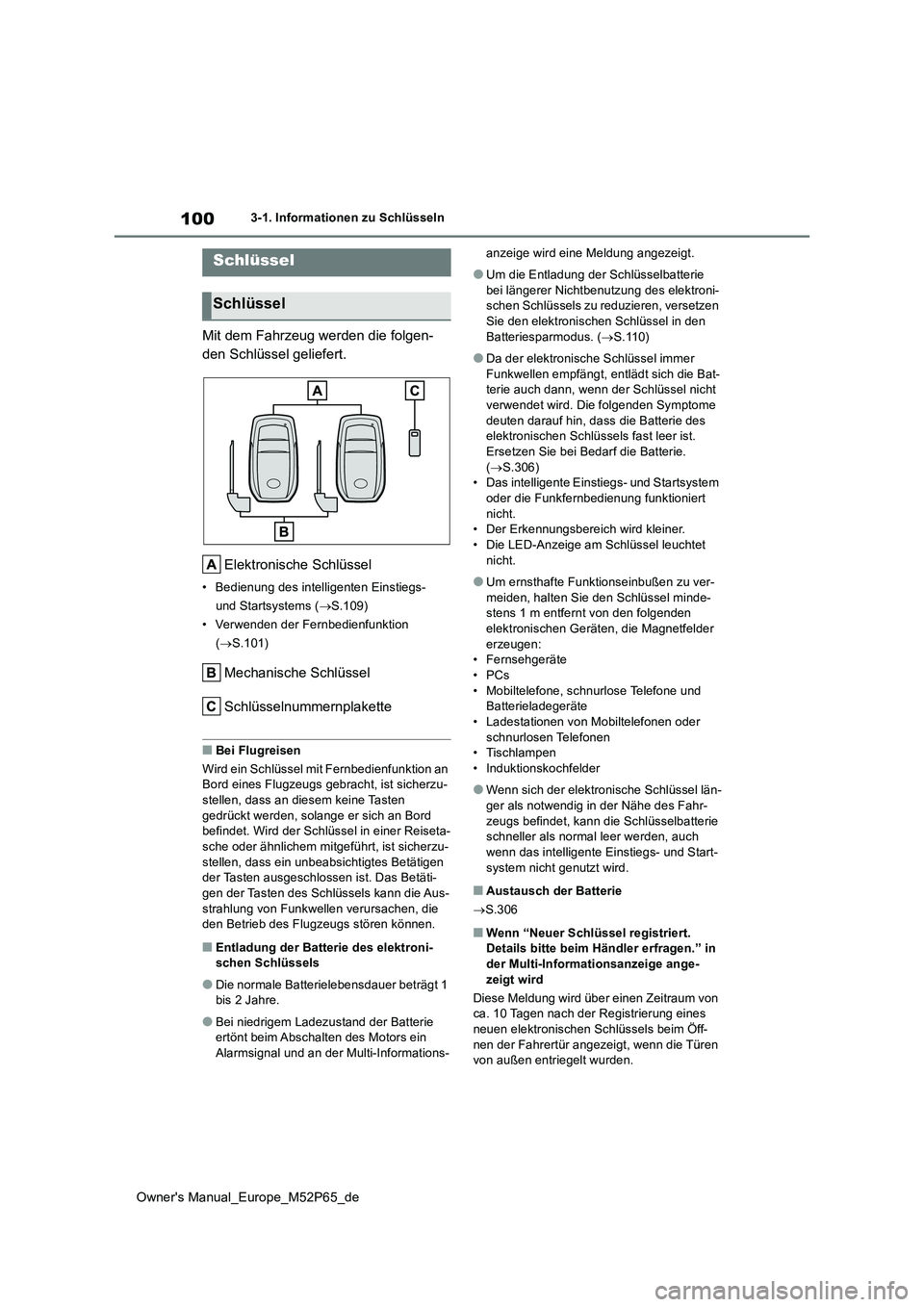 TOYOTA GR YARIS 2023 Betriebsanleitungen (in German) 100
Owner's Manual_Europe_M52P65_de
3-1. Informationen zu Schlüsseln
3-1.In formatione n z u Schlüss eln
Mit dem Fahrzeug werden die folgen-
den Schlüssel geliefert.
Elektronische Schlüssel
TOYOTA GR YARIS 2023 Betriebsanleitungen (in German) 100
Owner's Manual_Europe_M52P65_de
3-1. Informationen zu Schlüsseln
3-1.In formatione n z u Schlüss eln
Mit dem Fahrzeug werden die folgen-
den Schlüssel geliefert.
Elektronische Schlüssel