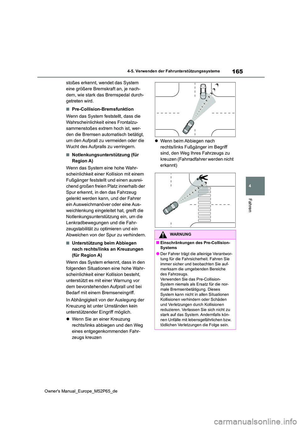 TOYOTA GR YARIS 2023 Betriebsanleitungen (in German) 165
4
Owner's Manual_Europe_M52P65_de
4-5. Verwenden der Fahrunterstützungssysteme
Fahren
stoßes erkennt, wendet das System
eine größere Bremskraft an, je nach-
dem, wie stark das Bremspedal TOYOTA GR YARIS 2023 Betriebsanleitungen (in German) 165
4
Owner's Manual_Europe_M52P65_de
4-5. Verwenden der Fahrunterstützungssysteme
Fahren
stoßes erkennt, wendet das System
eine größere Bremskraft an, je nach-
dem, wie stark das Bremspedal