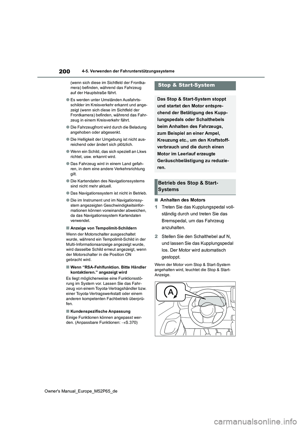 TOYOTA GR YARIS 2023  Betriebsanleitungen (in German) 200
Owner's Manual_Europe_M52P65_de
4-5. Verwenden der Fahrunterstützungssysteme 
(wenn sich diese im Sichtfeld der Frontka- mera) befinden, während das Fahrzeug auf der Hauptstraße fährt.
●