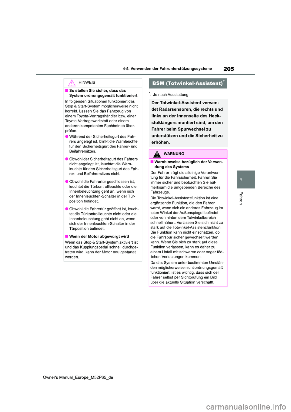 TOYOTA GR YARIS 2023  Betriebsanleitungen (in German) 205
4
Owner's Manual_Europe_M52P65_de
4-5. Verwenden der Fahrunterstützungssysteme
Fahren
*: Je nach Ausstattung
HINWEIS
■So stellen Sie sicher, dass das  
System ordnungsgemäß funktioniert 
