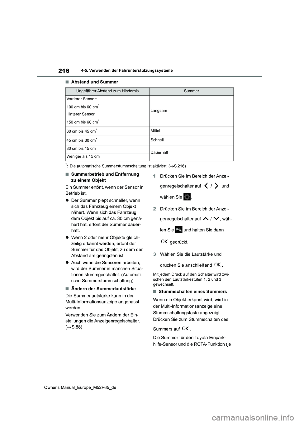 TOYOTA GR YARIS 2023 Betriebsanleitungen (in German) 216
Owner's Manual_Europe_M52P65_de
4-5. Verwenden der Fahrunterstützungssysteme
■Abstand und Summer
*: Die automatische Summerstummschaltung ist aktiviert. (S.216)
■Summerbetrieb und Entf TOYOTA GR YARIS 2023 Betriebsanleitungen (in German) 216
Owner's Manual_Europe_M52P65_de
4-5. Verwenden der Fahrunterstützungssysteme
■Abstand und Summer
*: Die automatische Summerstummschaltung ist aktiviert. (S.216)
■Summerbetrieb und Entf