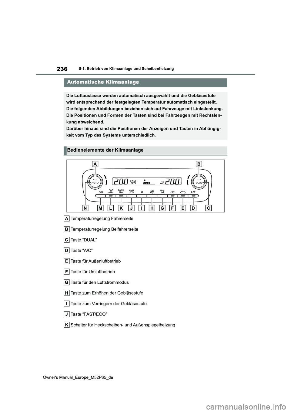 TOYOTA GR YARIS 2023 Betriebsanleitungen (in German) 236
Owner's Manual_Europe_M52P65_de
5-1. Betrieb von Klimaanlage und Scheibenheizung
5-1.Betrieb von Klimaa nla ge und Sch eib enheizu ng
Temperaturregelung Fahrerseite
Temperaturregelung Beifahr TOYOTA GR YARIS 2023 Betriebsanleitungen (in German) 236
Owner's Manual_Europe_M52P65_de
5-1. Betrieb von Klimaanlage und Scheibenheizung
5-1.Betrieb von Klimaa nla ge und Sch eib enheizu ng
Temperaturregelung Fahrerseite
Temperaturregelung Beifahr