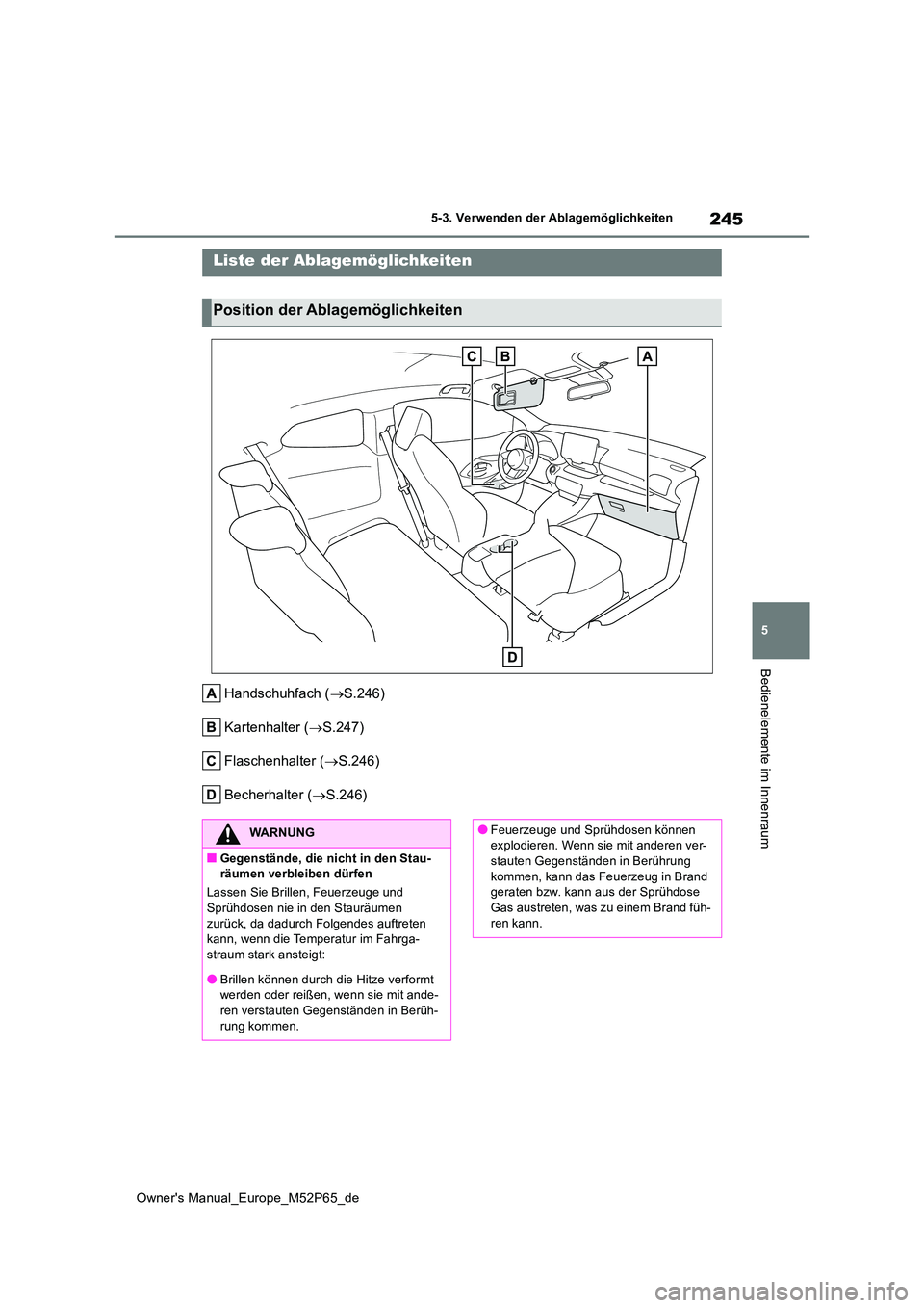 TOYOTA GR YARIS 2023  Betriebsanleitungen (in German) 245
5
Owner's Manual_Europe_M52P65_de
5-3. Verwenden der Ablagemöglichkeiten
Bedienelemente im Innenraum
5-3.Verwende n d er Ab lag emöglic hkeite n
Handschuhfach (S.246) 
Kartenhalter ( S