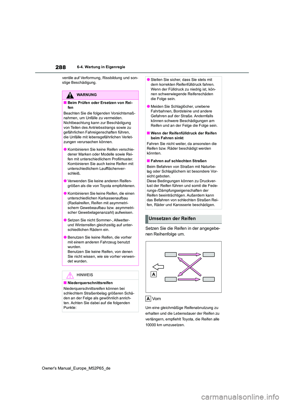 TOYOTA GR YARIS 2022 Betriebsanleitungen (in German) 288
Owner's Manual_Europe_M52P65_de
6-4. Wartung in Eigenregie
ventile auf Verformung, Rissbildung und son- stige Beschädigung.
Setzen Sie die Reifen in der angegebe-
nen Reihenfolge um.
Vo rn TOYOTA GR YARIS 2022 Betriebsanleitungen (in German) 288
Owner's Manual_Europe_M52P65_de
6-4. Wartung in Eigenregie
ventile auf Verformung, Rissbildung und son- stige Beschädigung.
Setzen Sie die Reifen in der angegebe-
nen Reihenfolge um.
Vo rn