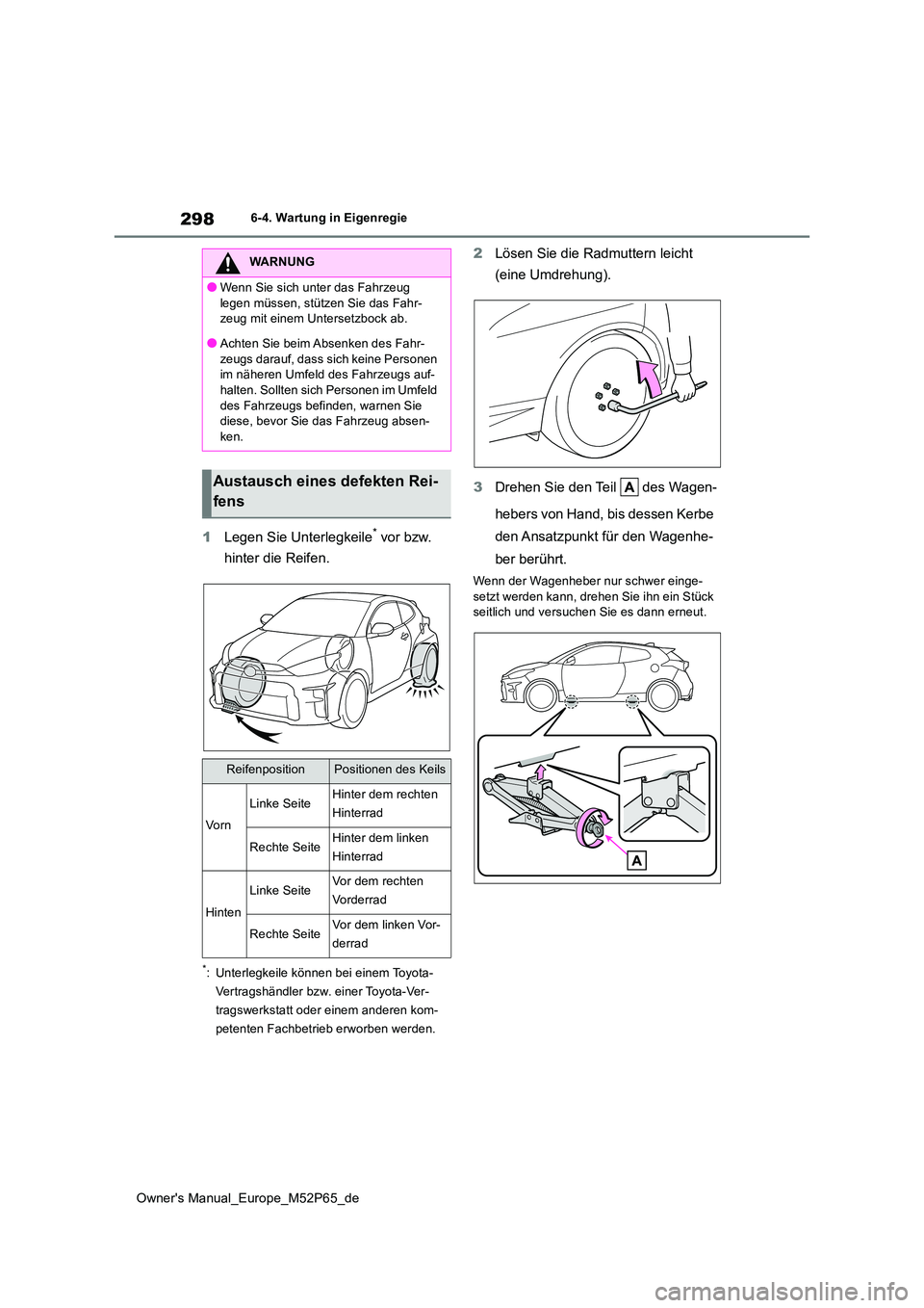 TOYOTA GR YARIS 2023  Betriebsanleitungen (in German) 298
Owner's Manual_Europe_M52P65_de
6-4. Wartung in Eigenregie
1Legen Sie Unterlegkeile* vor bzw.  
hinter die Reifen.
*: Unterlegkeile können bei einem Toyota- 
Vertragshändler bzw. einer Toyot