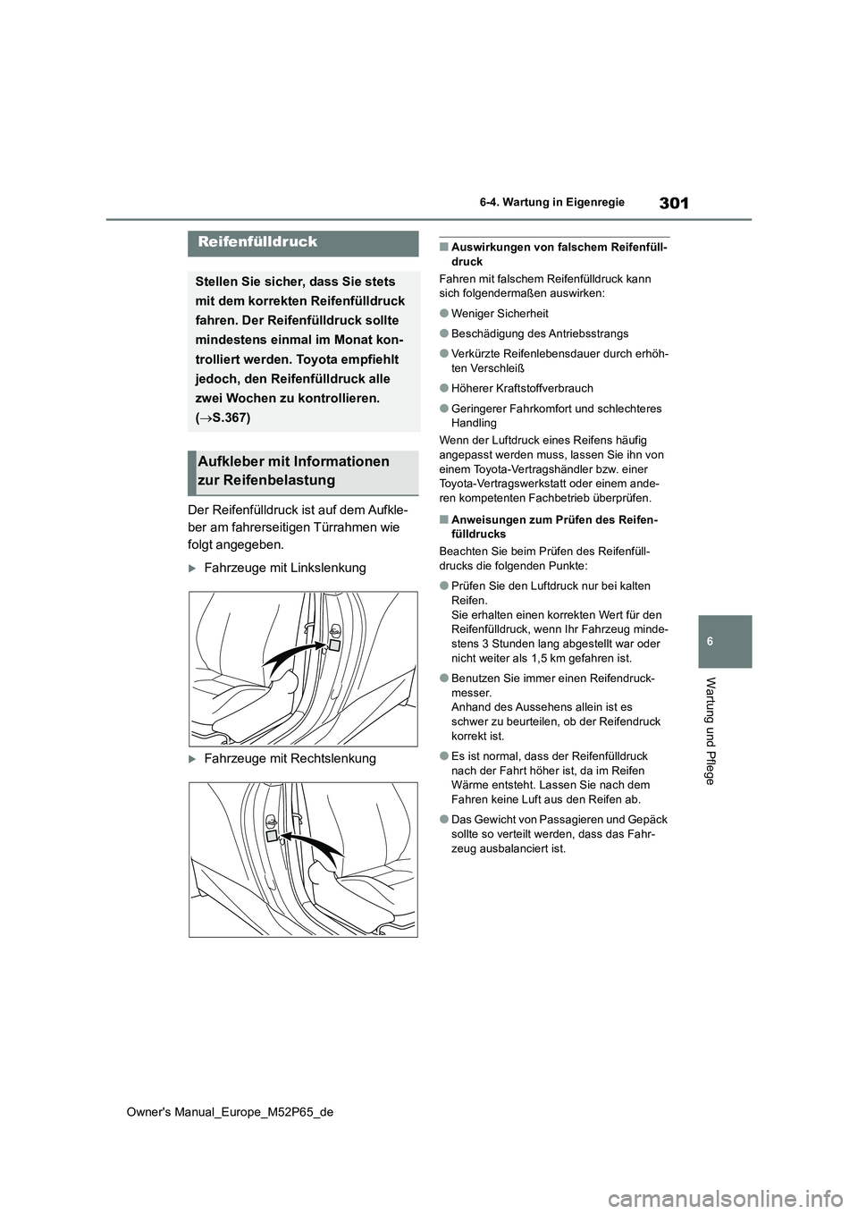 TOYOTA GR YARIS 2022 Betriebsanleitungen (in German) 301
6
Owner's Manual_Europe_M52P65_de
6-4. Wartung in Eigenregie
Wartung und Pflege
Der Reifenfülldruck ist auf dem Aufkle-
ber am fahrerseitigen Türrahmen wie
folgt angegeben.
Fahrzeuge mi TOYOTA GR YARIS 2022 Betriebsanleitungen (in German) 301
6
Owner's Manual_Europe_M52P65_de
6-4. Wartung in Eigenregie
Wartung und Pflege
Der Reifenfülldruck ist auf dem Aufkle-
ber am fahrerseitigen Türrahmen wie
folgt angegeben.
Fahrzeuge mi