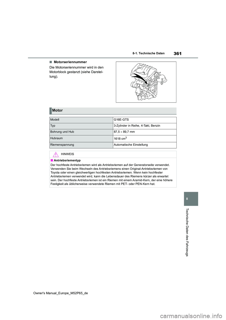 TOYOTA GR YARIS 2022 Betriebsanleitungen (in German) 361
8
Owner's Manual_Europe_M52P65_de
8-1. Technische Daten
Technische Daten des Fahrzeugs
■Motorseriennummer
Die Motorseriennummer wird in den
Motorblock gestanzt (siehe Darstel-
lung).
Moto TOYOTA GR YARIS 2022 Betriebsanleitungen (in German) 361
8
Owner's Manual_Europe_M52P65_de
8-1. Technische Daten
Technische Daten des Fahrzeugs
■Motorseriennummer
Die Motorseriennummer wird in den
Motorblock gestanzt (siehe Darstel-
lung).
Moto