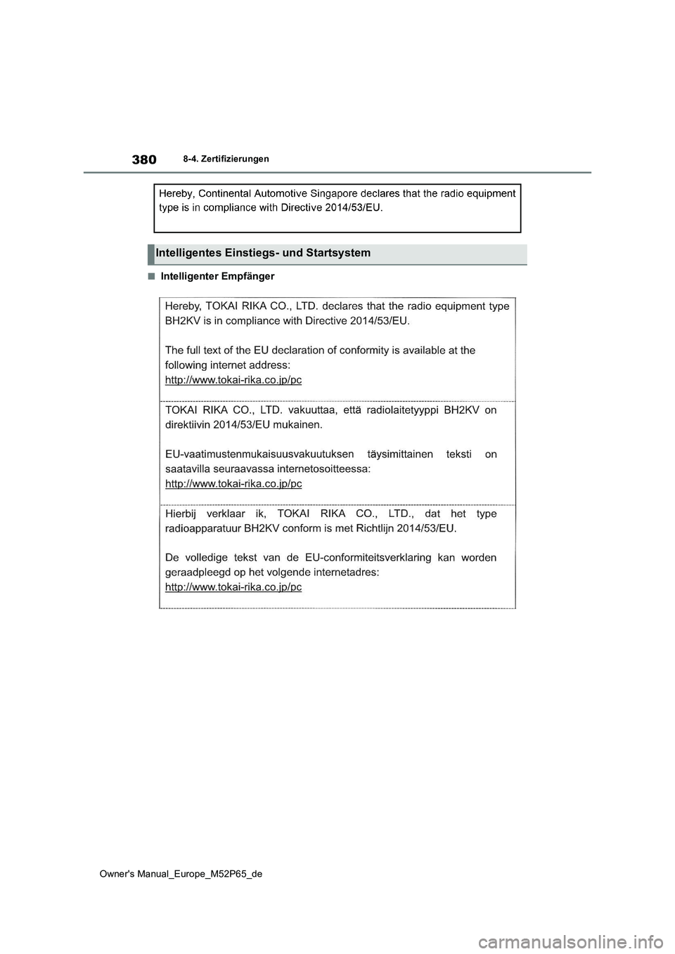 TOYOTA GR YARIS 2023 Betriebsanleitungen (in German) 380
Owner's Manual_Europe_M52P65_de
8-4. Zertifizierungen
■Intelligenter Empfänger
Intelligentes Einstiegs- und Startsystem TOYOTA GR YARIS 2023 Betriebsanleitungen (in German) 380
Owner's Manual_Europe_M52P65_de
8-4. Zertifizierungen
■Intelligenter Empfänger
Intelligentes Einstiegs- und Startsystem