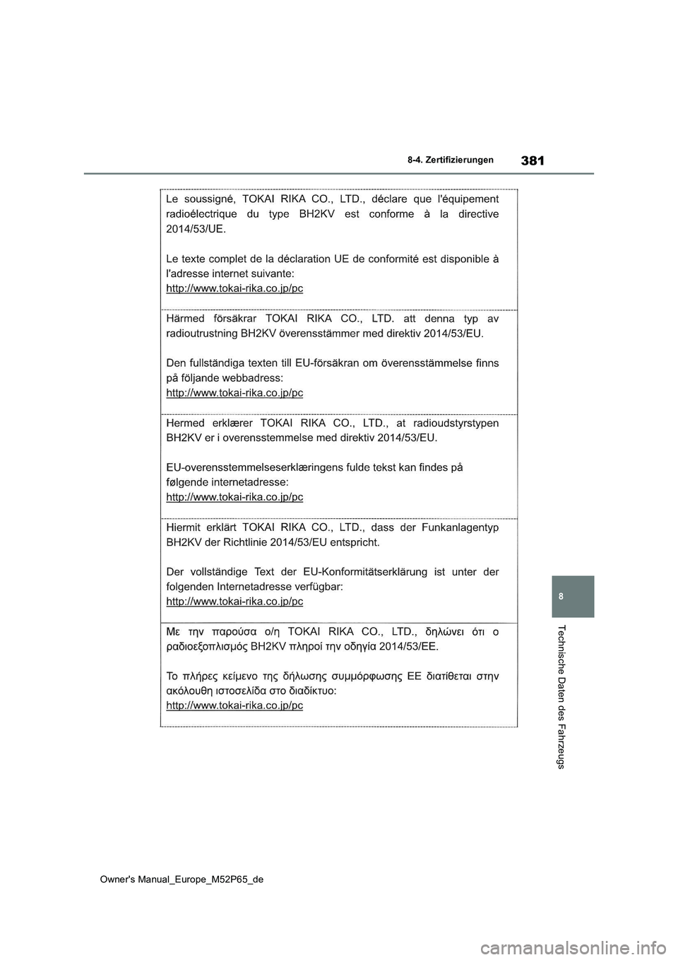 TOYOTA GR YARIS 2023 Betriebsanleitungen (in German) 381
8
Owner's Manual_Europe_M52P65_de
8-4. Zertifizierungen
Technische Daten des Fahrzeugs TOYOTA GR YARIS 2023 Betriebsanleitungen (in German) 381
8
Owner's Manual_Europe_M52P65_de
8-4. Zertifizierungen
Technische Daten des Fahrzeugs
