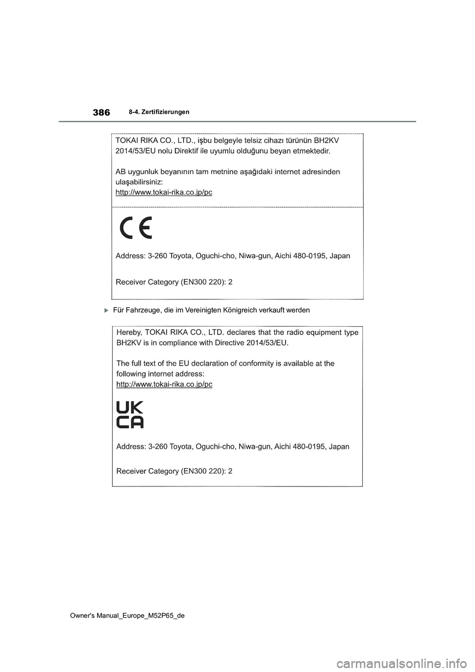 TOYOTA GR YARIS 2023 Betriebsanleitungen (in German) 386
Owner's Manual_Europe_M52P65_de
8-4. Zertifizierungen
Für Fahrzeuge, die im Vereinigten Königreich verkauft werden TOYOTA GR YARIS 2023 Betriebsanleitungen (in German) 386
Owner's Manual_Europe_M52P65_de
8-4. Zertifizierungen
Für Fahrzeuge, die im Vereinigten Königreich verkauft werden