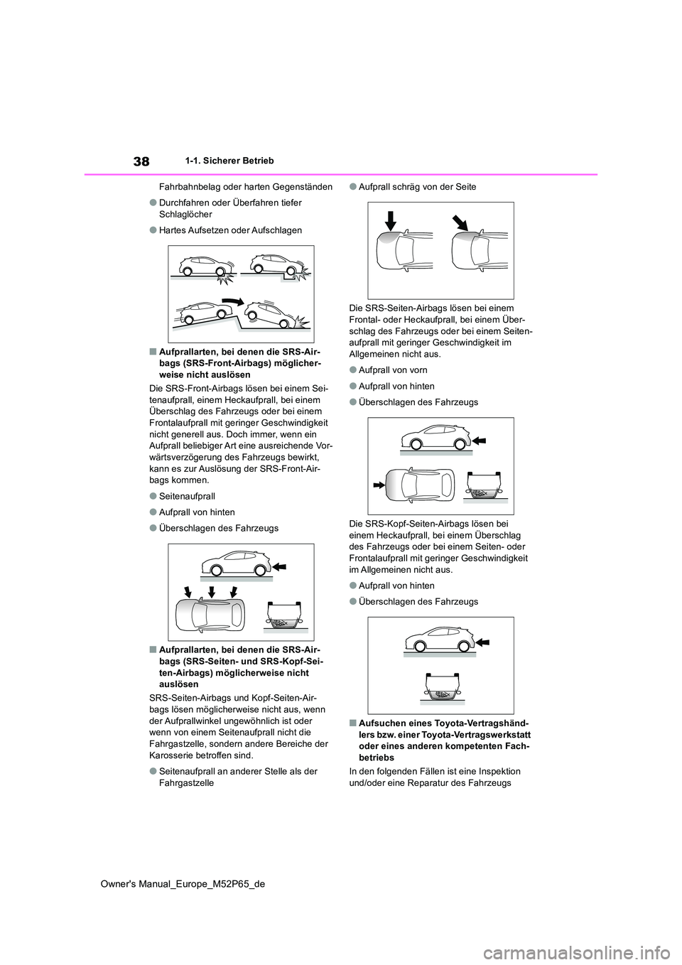 TOYOTA GR YARIS 2023 Betriebsanleitungen (in German) 38
Owner's Manual_Europe_M52P65_de
1-1. Sicherer Betrieb
Fahrbahnbelag oder harten Gegenständen
●Durchfahren oder Überfahren tiefer
Schlaglöcher
●Hartes Aufsetzen oder Aufschlagen
■Auf TOYOTA GR YARIS 2023 Betriebsanleitungen (in German) 38
Owner's Manual_Europe_M52P65_de
1-1. Sicherer Betrieb
Fahrbahnbelag oder harten Gegenständen
●Durchfahren oder Überfahren tiefer
Schlaglöcher
●Hartes Aufsetzen oder Aufschlagen
■Auf