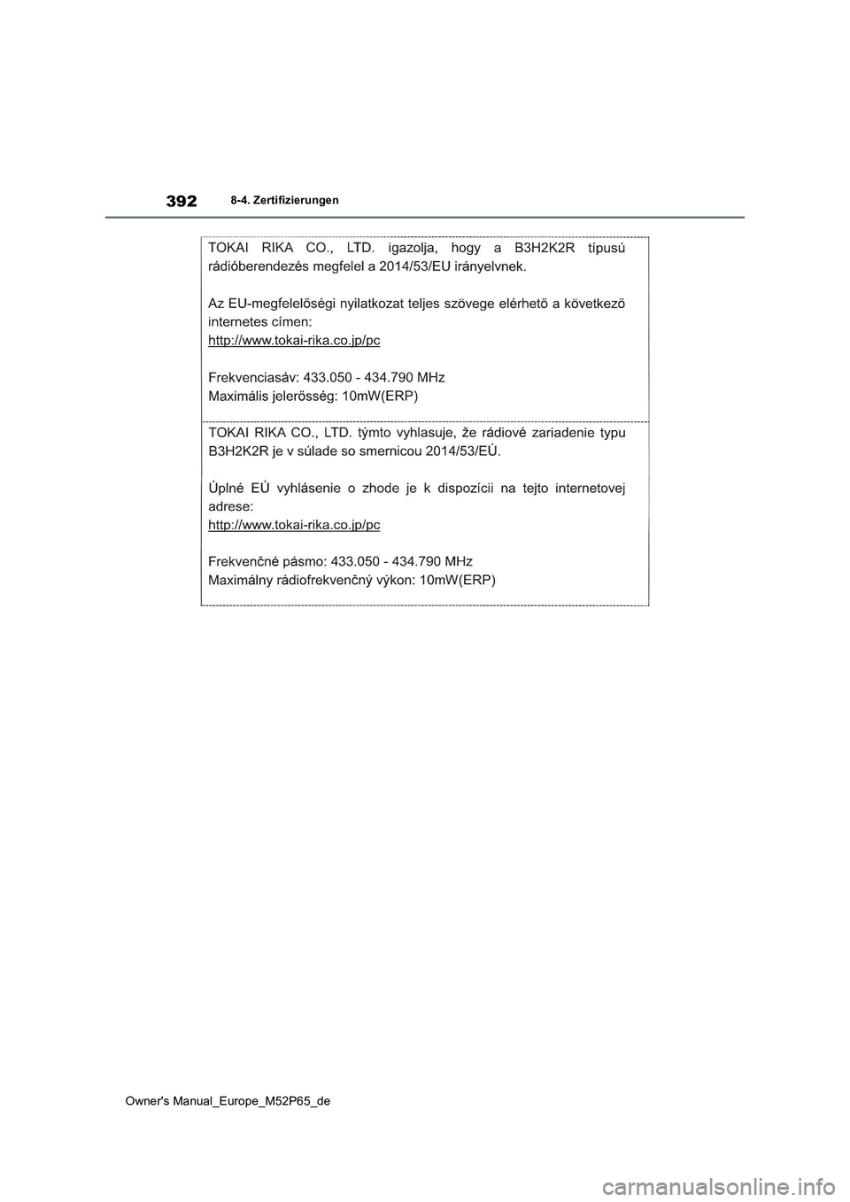 TOYOTA GR YARIS 2022 Betriebsanleitungen (in German) 392
Owner's Manual_Europe_M52P65_de
8-4. Zertifizierungen TOYOTA GR YARIS 2022 Betriebsanleitungen (in German) 392
Owner's Manual_Europe_M52P65_de
8-4. Zertifizierungen